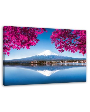 Bild auf Leinwand - Berg Fuji See und rosa Blätter | Feeby