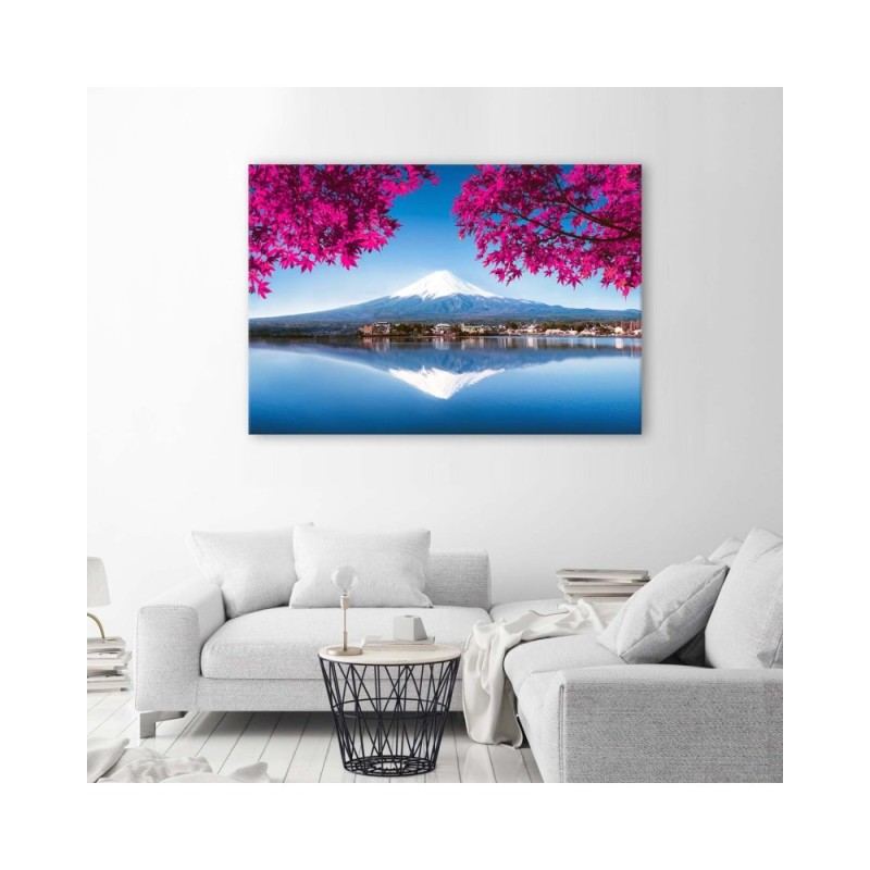 Bild auf Leinwand - Berg Fuji See und rosa Blätter | Feeby