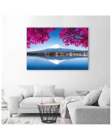 Bild auf Leinwand - Berg Fuji See und rosa Blätter | Feeby