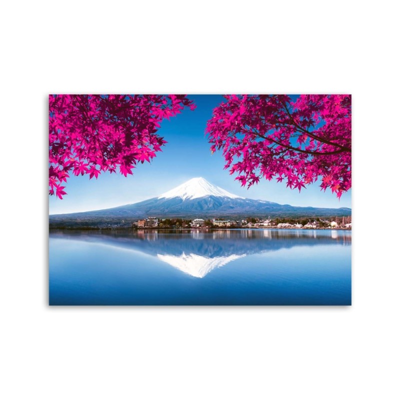 Bild auf Leinwand - Berg Fuji See und rosa Blätter | Feeby