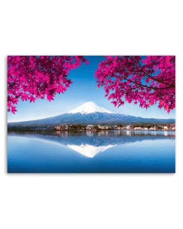 Bild auf Leinwand - Berg Fuji See und rosa Blätter | Feeby