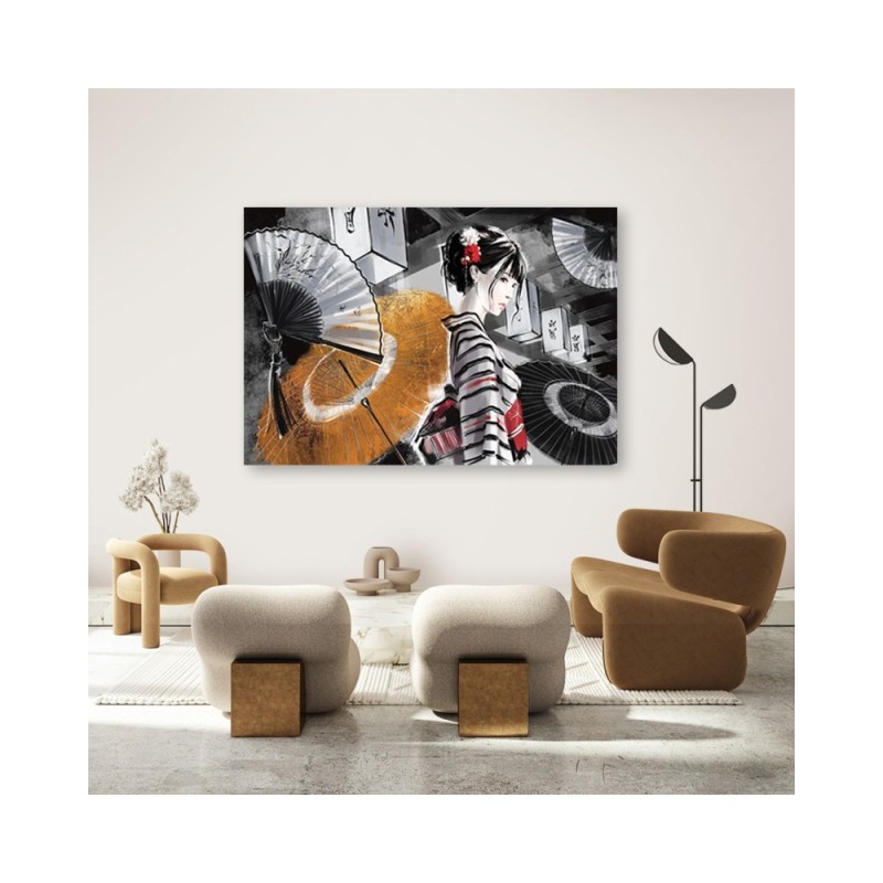 Leinwandbild - Geisha mit einem Fan | Feeby