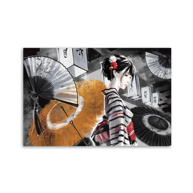 Leinwandbild - Geisha mit einem Fan | Feeby