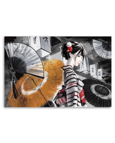 Leinwandbild - Geisha mit einem Fan | Feeby