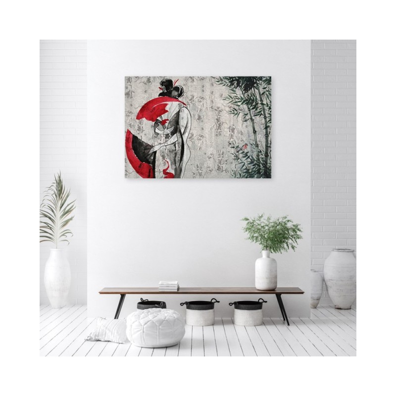 Leinwandbild - Japanische Geisha mit einem Fan | Feeby