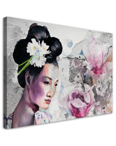 Wall art painting for bedroom - Portrait of a geisha on an old wall | FEEBY