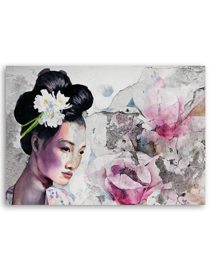 Wall art painting for bedroom - Portrait of a geisha on an old wall | FEEBY