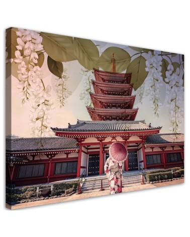 Wall art painting for living room - Japanese Geisha and temple | FEEBY