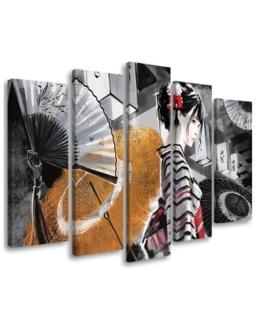 Canvas print for bedroom 5 parts - Geisha with fan | FEEBY