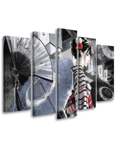 Canvas print for bedroom 5 parts - Geisha with fan | FEEBY