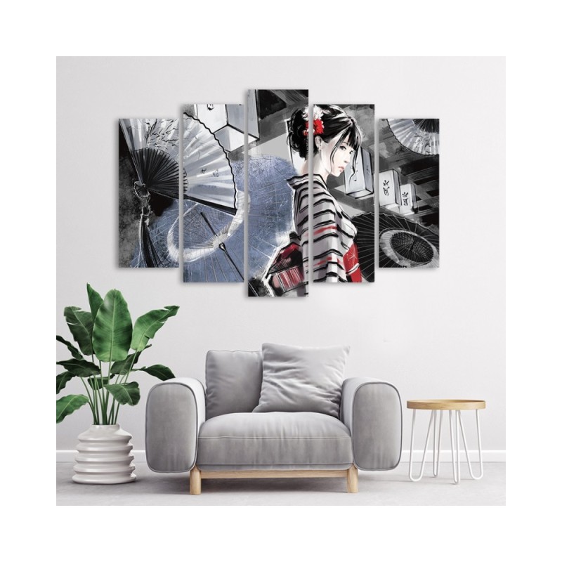 Leinwandbild - Geisha mit einem Fan | Feeby