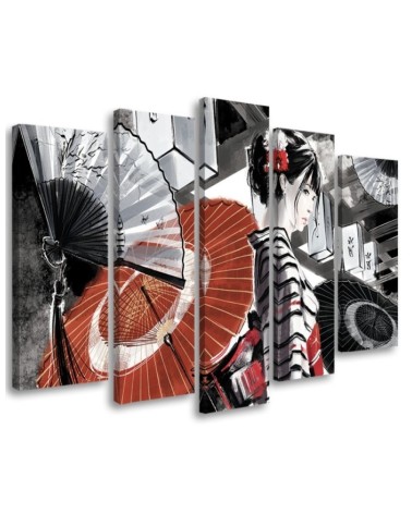Canvas print for bedroom 5 parts - Geisha with fan | FEEBY