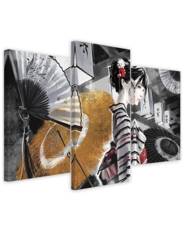 Bedroom triptych painting - Geisha with fan | FEEBY