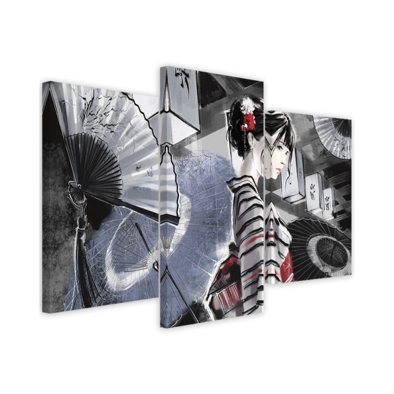 Bedroom triptych painting - Geisha with fan | FEEBY