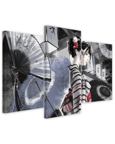 Bedroom triptych painting - Geisha with fan | FEEBY