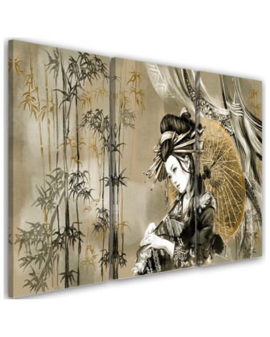 Canvas print for bedroom triptych - Geisha and bamboos | FEEBY