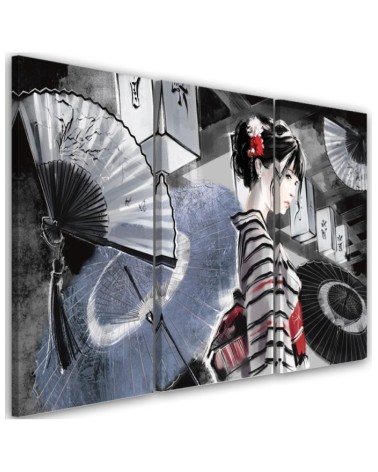 Bedroom triptych painting - Geisha with fan | FEEBY