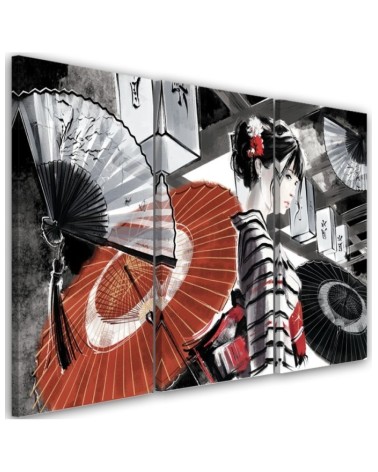Canvas print for bedroom triptych - Geisha with fan | FEEBY