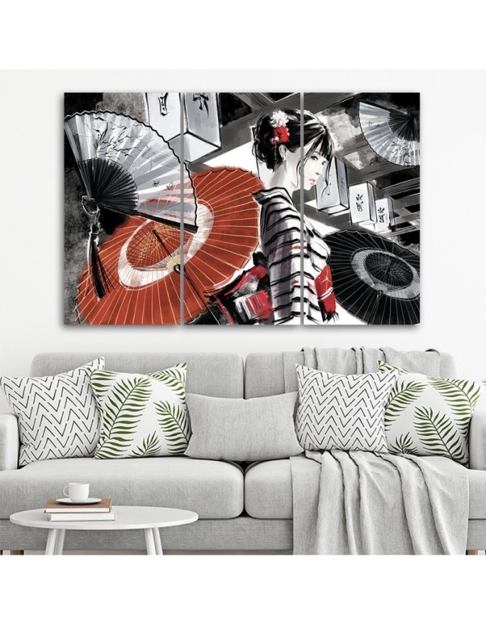 Canvas print for bedroom triptych - Geisha with fan | FEEBY