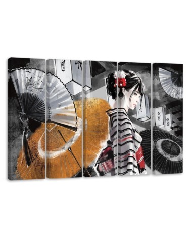 Canvas print for bedroom 5 parts - Geisha with fan | FEEBY