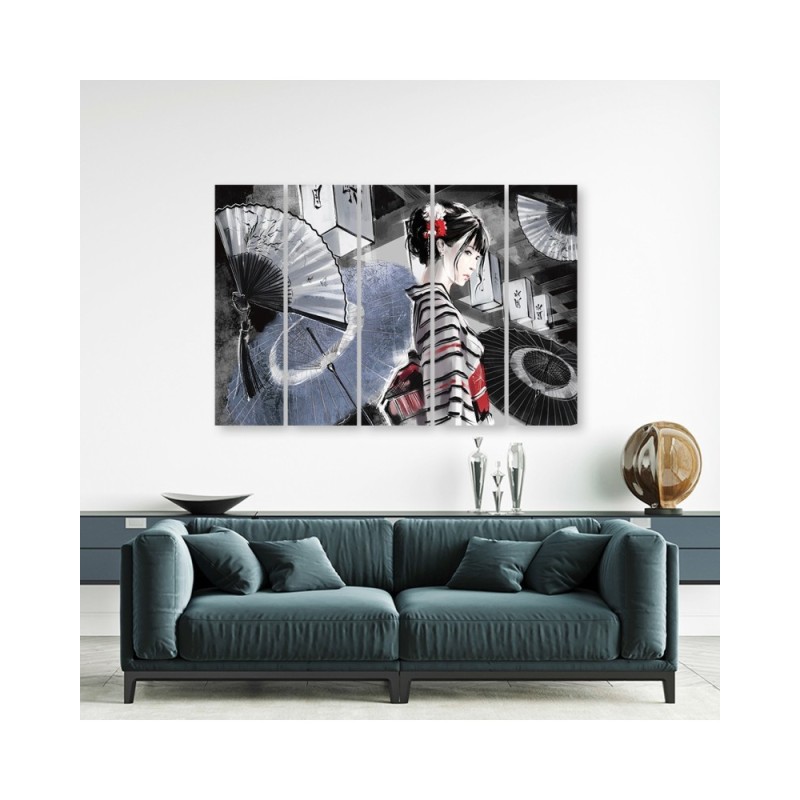 Leinwandbild - Geisha mit einem Fan | Feeby