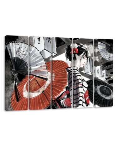 Canvas print for bedroom 5 parts - Geisha with fan | FEEBY
