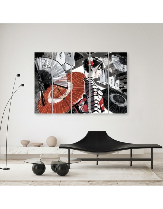 Canvas print for bedroom 5 parts - Geisha with fan | FEEBY