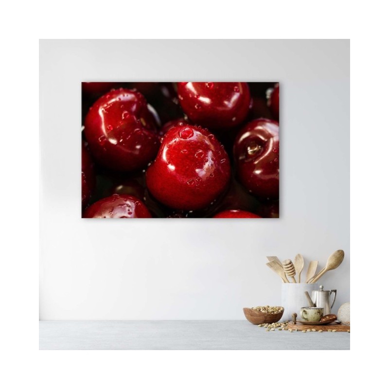 Bild auf Leinwand - Kirschen in Wassertropfen | Feeby