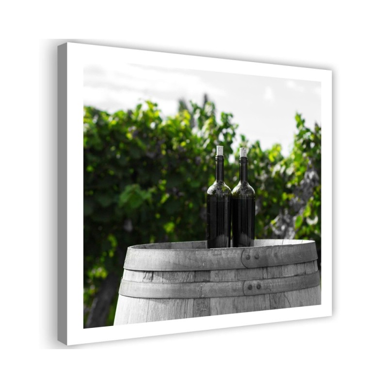 Bild auf Leinwand - Weinflaschen auf einem Fass | Feeby