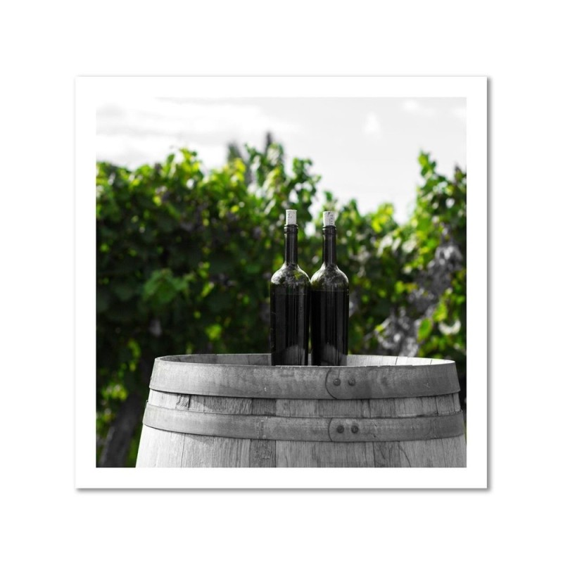 Bild auf Leinwand - Weinflaschen auf einem Fass | Feeby