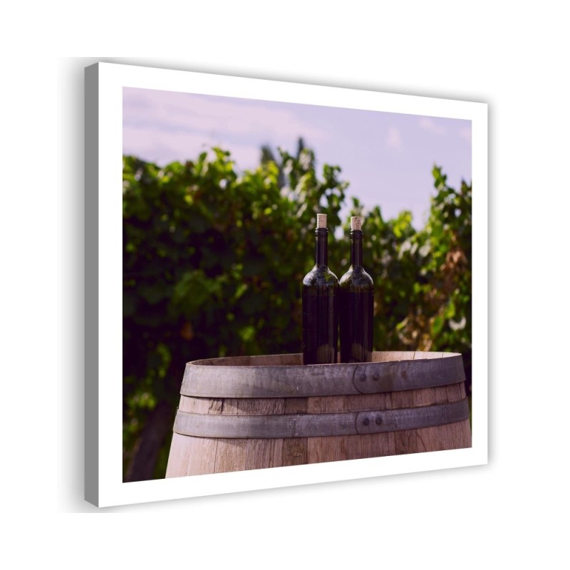 Bild auf Leinwand - Weinflaschen und ein Holzfass | Feeby