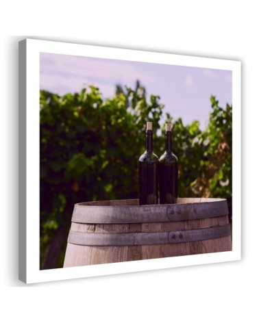 Bild auf Leinwand - Weinflaschen und ein Holzfass | Feeby