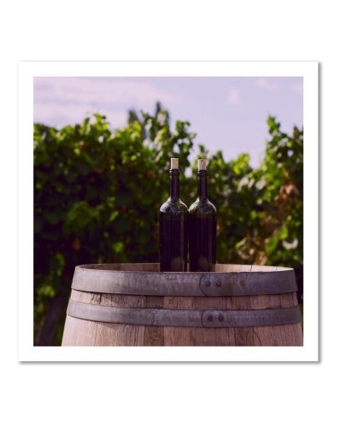 Bild auf Leinwand - Weinflaschen und ein Holzfass | Feeby