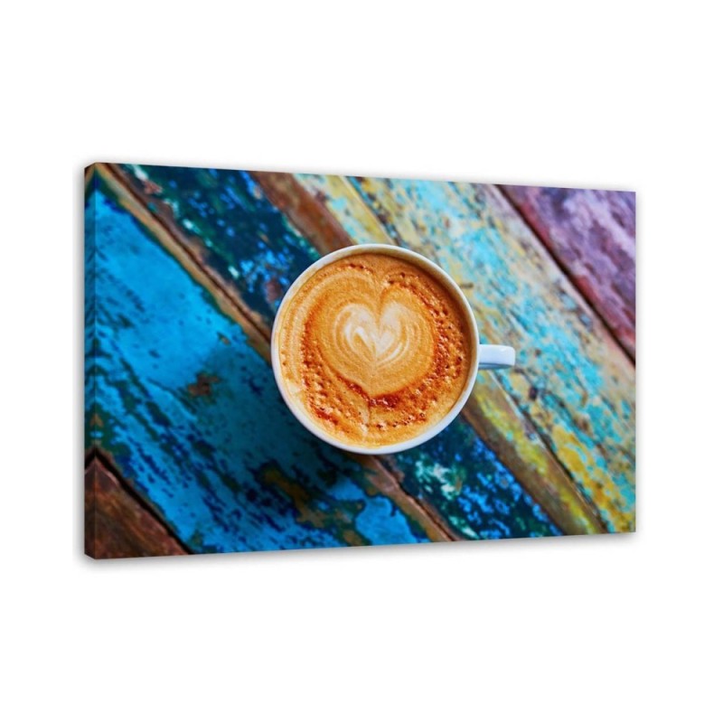 Leinwandbild - Kaffee auf farbigem Holz | Feeby
