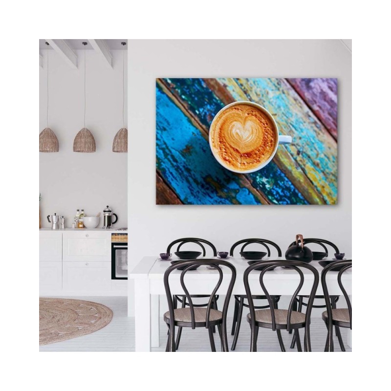 Leinwandbild - Kaffee auf farbigem Holz | Feeby