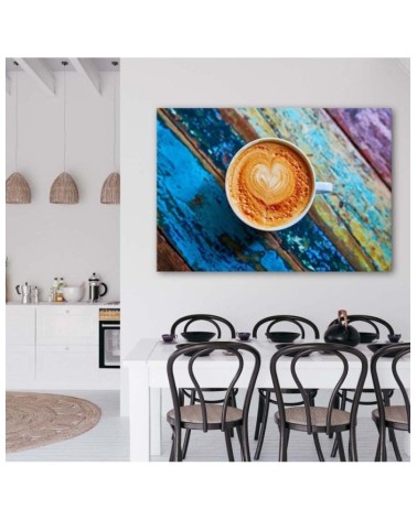 Leinwandbild - Kaffee auf farbigem Holz | Feeby