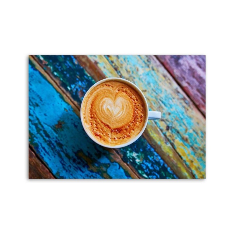 Leinwandbild - Kaffee auf farbigem Holz | Feeby