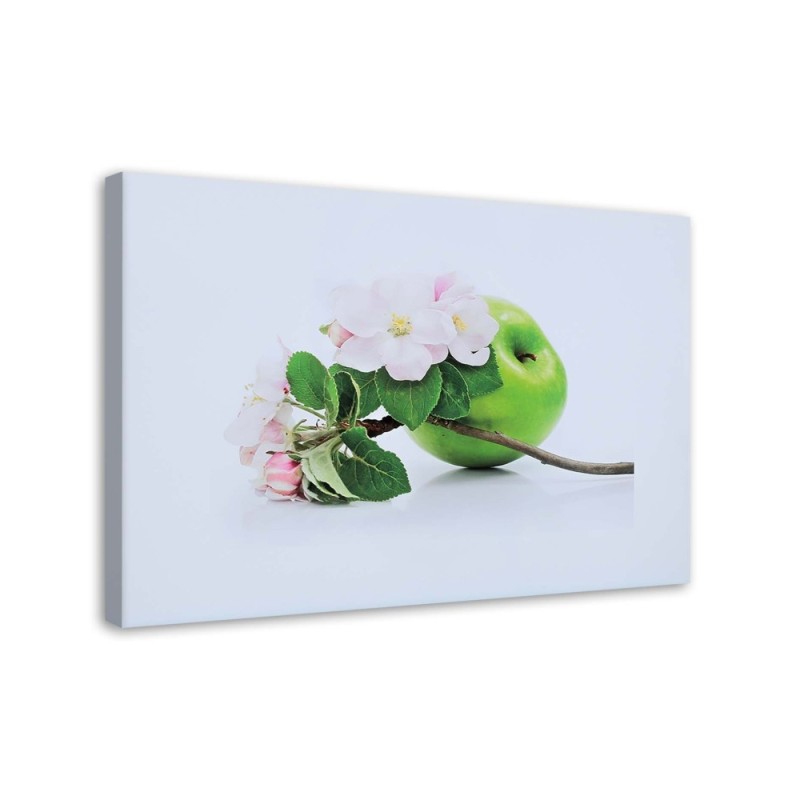 Leinwandbild - Grüner Apfel und Zweig eines Obstbaums | Feeby