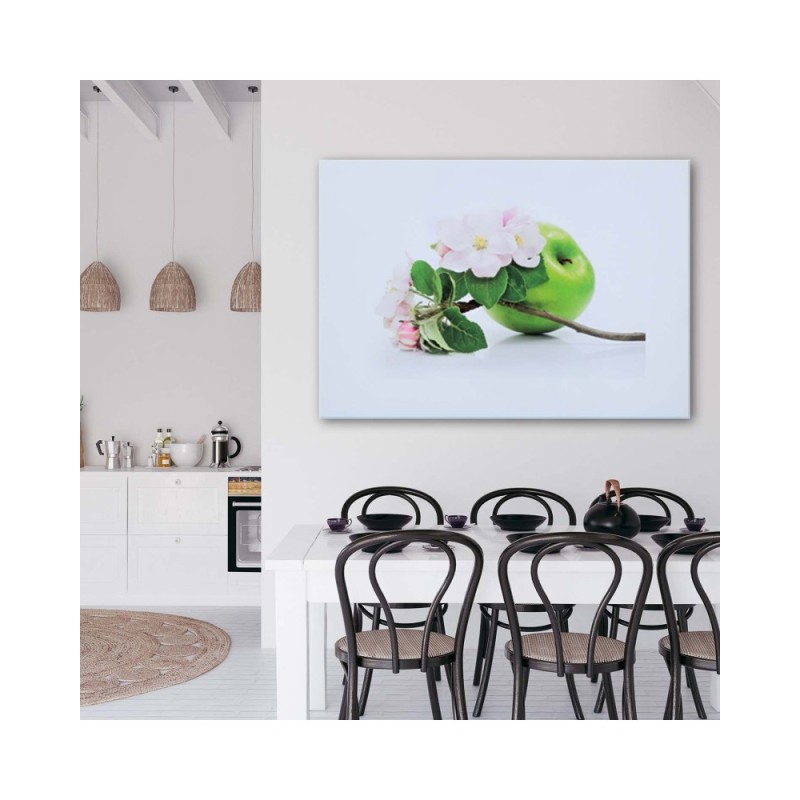 Leinwandbild - Grüner Apfel und Zweig eines Obstbaums | Feeby