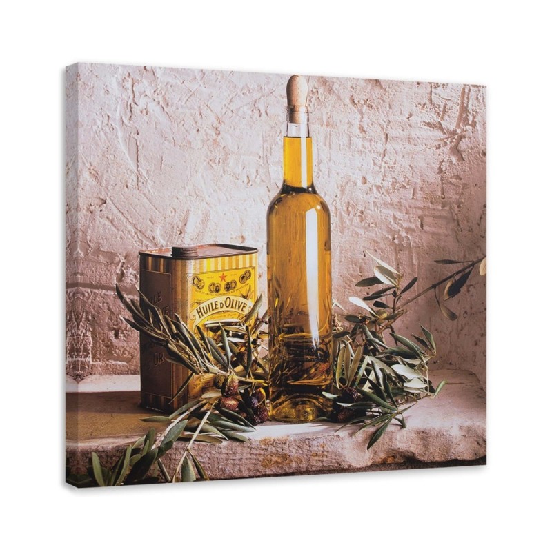 Leinwandbild - Olivenöl auf einem Tisch | Feeby