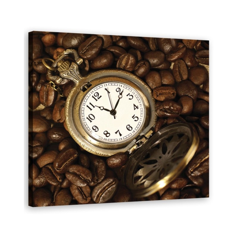 Bild auf Leinwand - Kaffeebohnen und Uhr | Feeby
