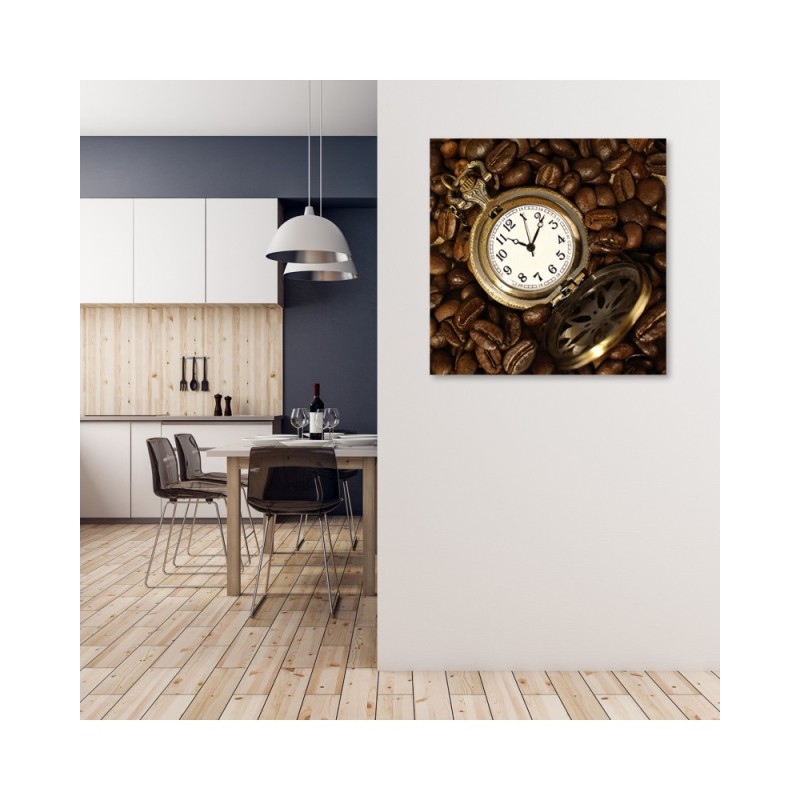 Bild auf Leinwand - Kaffeebohnen und Uhr | Feeby