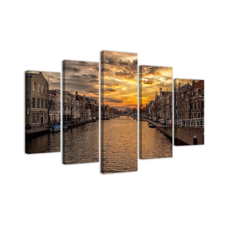 Bild auf Leinwand - Stadt Fluss Sonnenuntergang | Feeby
