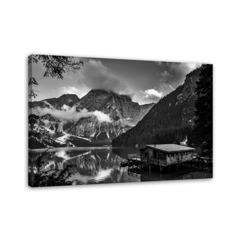 Leinwandbild - Hütte an einem Bergsee - schwarz und weiß | Feeby