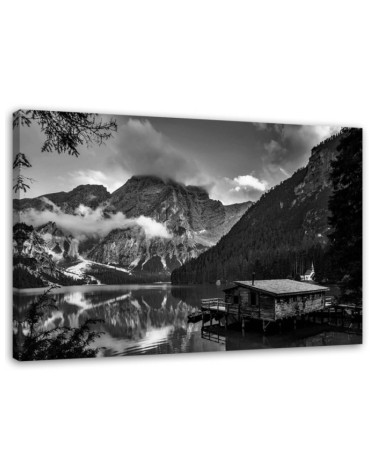 Leinwandbild - Hütte an einem Bergsee - schwarz und weiß | Feeby