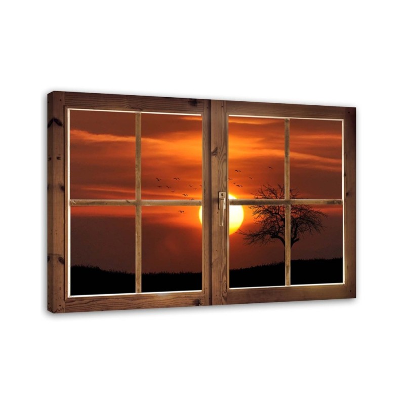 Leinwandbild - Fensterblick Sonnenuntergang | Feeby