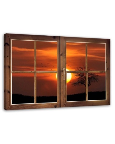 Leinwandbild - Fensterblick Sonnenuntergang | Feeby