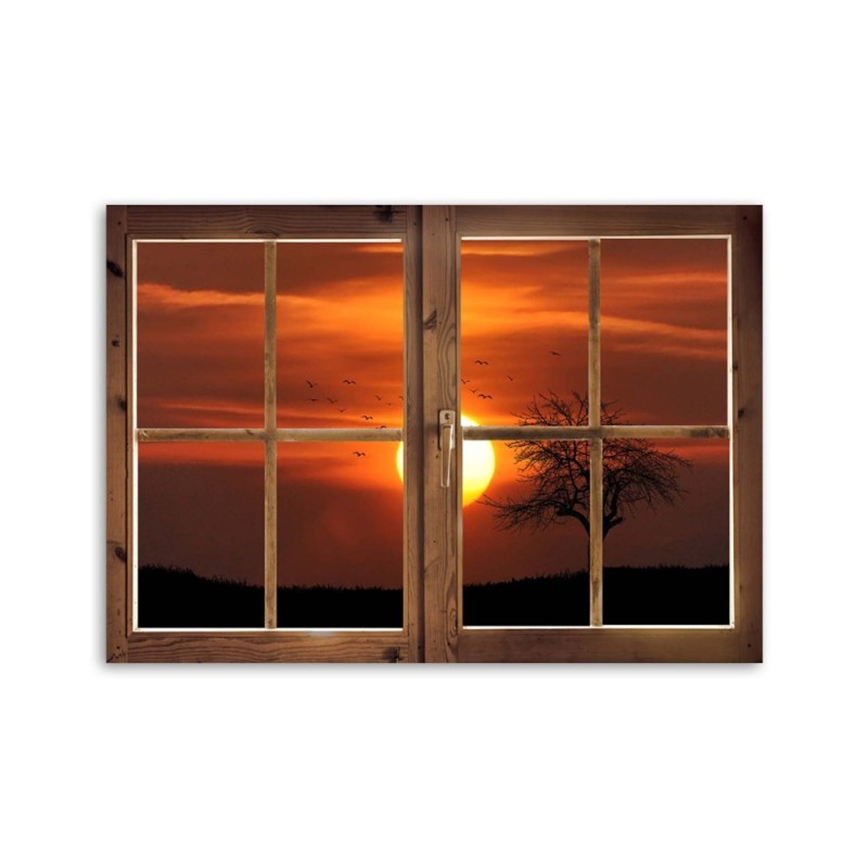 Leinwandbild - Fensterblick Sonnenuntergang | Feeby