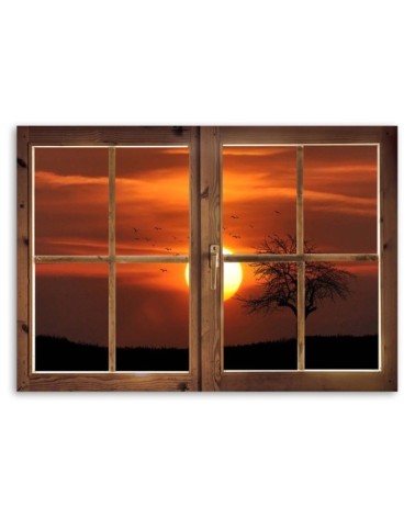 Leinwandbild - Fensterblick Sonnenuntergang | Feeby