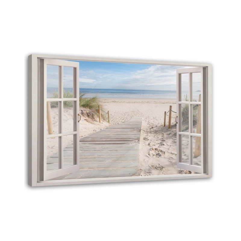 Leinwanddruck - Fensterblick Strand Meer Landschaft | Feeby